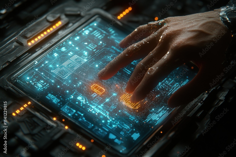 Aufkleber futuristic office scene with hand interacting with glowing interface and language model in cyberpunk