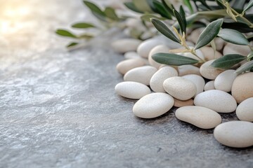 Fototapeta premium Elegant Composition of White Stones with Green Olive Branches on a Textured Grey Surface for Natural and Relaxing Atmosphere