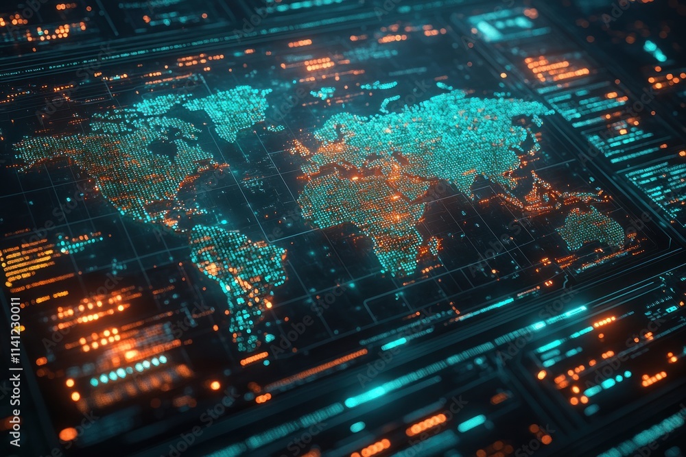 Poster futuristic digital world map with financial data visualization and market indexes in 3d render