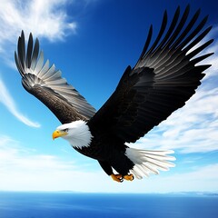 Fototapeta premium Majestic Bald Eagle Soaring Against a Clear Blue Sky