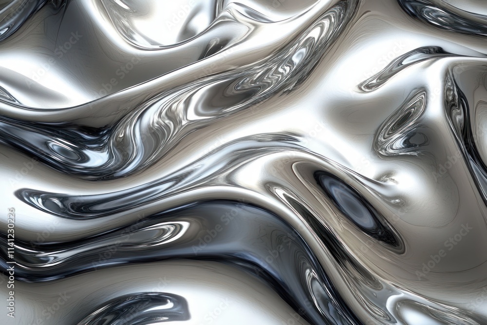 Poster metallic waves shiny chrome silver liquid surface effect dynamic curves background texture 3d visual