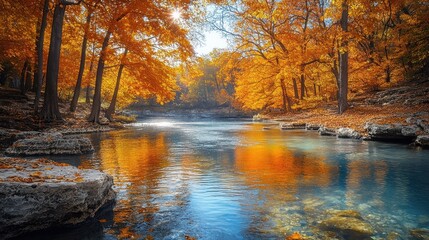 Autumn River Flowing Through Mountains and Forests