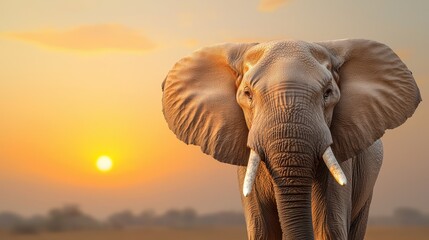 Obraz premium Protective Elephant Concept, Majestic Elephant Standing Under Glowing Sunset with Warm Tones and Tranquil Atmosphere