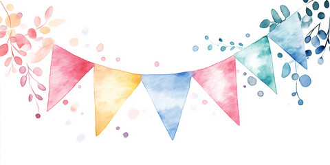 Watercolor bunting flags hanging with leaves and colorful dots
