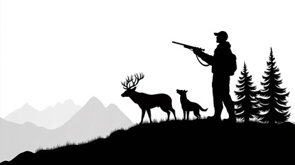 Hunter aiming with rifle at deer with dog in mountains