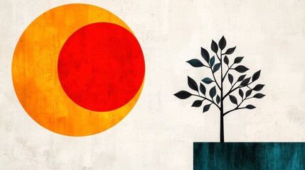 A tree is growing out of a circle with a red and yellow background
