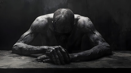 A man leaning over a table, his face buried in his hands, shadowy veins creeping up his arms