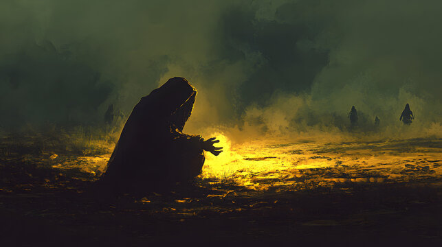 A person kneeling in a barren field, their hands glowing faintly as shadowy figures linger at the edges