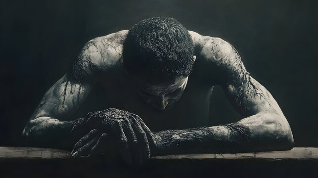 A man leaning over a table, his face buried in his hands, shadowy veins creeping up his arms