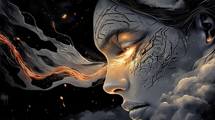 Obraz premium A surreal portrait of a woman with an intense gaze and abstract elements.