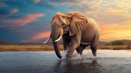 Obraz premium Protective Elephant Concept, Majestic Elephant Crossing Shallow River Water with Splashing Effects at Sunset