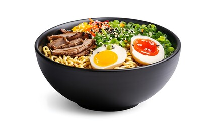 Delicious Ramen Bowl with Eggs and Fresh Vegetables on White Background