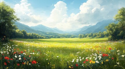 Lush Green Meadow under Bright Blue Sky Watercolor Illustration