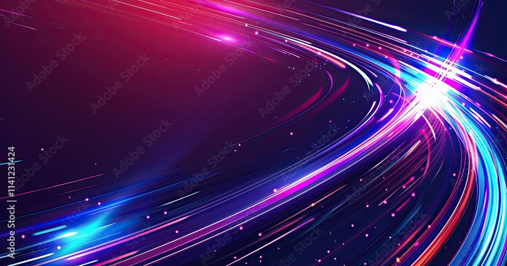 Poster a vibrant abstract design with colorful light trails and sparkles on a dark background.