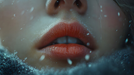 A close-up of lips slightly parted, the breath visible in the cold air as tears glisten on their cheeks