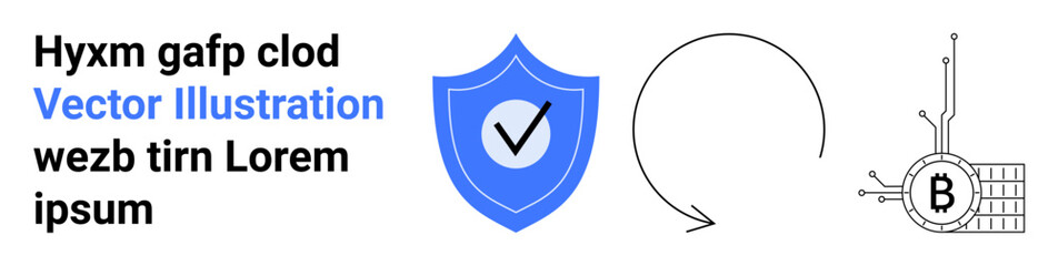 Shield with checkmark, circular arrow, and cryptocurrency. Ideal for cybersecurity, digital transactions, blockchain technology, fintech, internet security, data protection, technology presentations