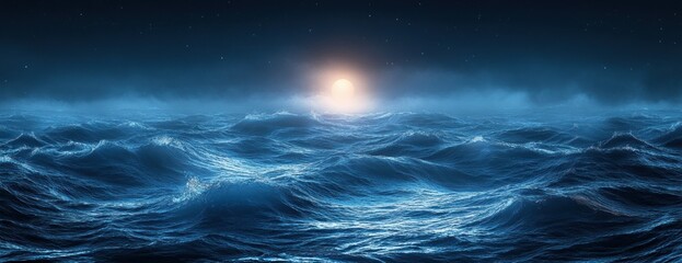 Fototapeta premium Dark Blue Abstract Swirling Waters Moonlight Glow Minimalist Design Banner Poster