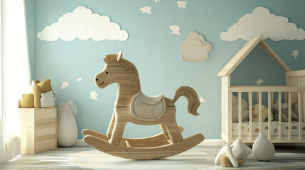 A 3D wooden rocking horse in a flat 2D vintage nursery design