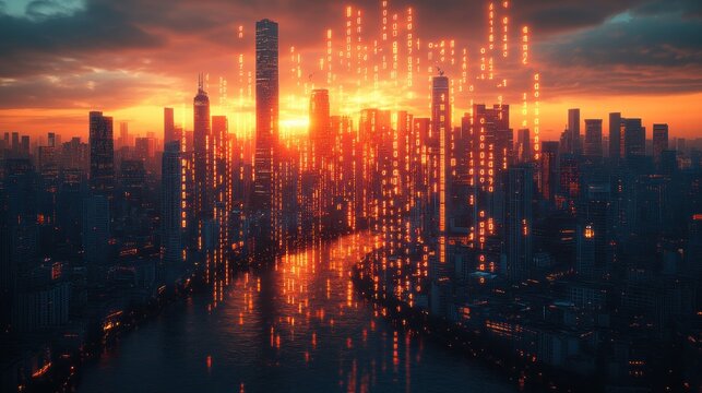 Futuristic City Skyline at Sunset with Glowing Stock Market Graphs and Cyberpunk Art Style