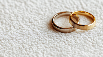 two gold wedding bands on a white fuzzy surface