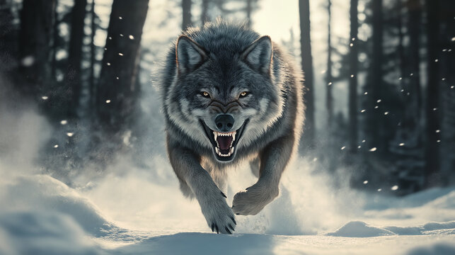 Gray wolf running and snarling in snowy forest - Powered by Adobe