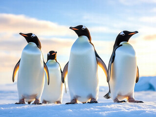 Obraz premium Climate change, wildlife crisis. Four penguins standing on snow with a scenic background of sky and clouds.