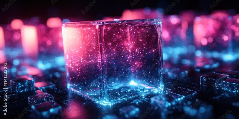 Poster futuristic abstract composition of transparent cubes with soft blue and purple lights on dark backgr