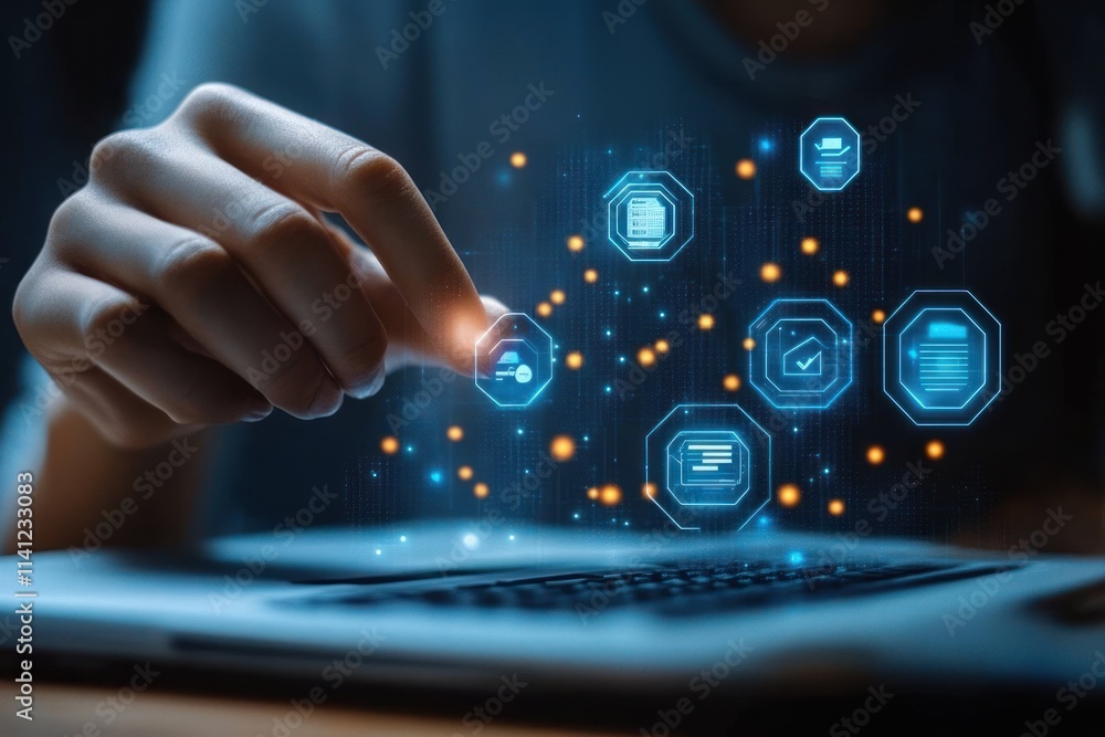 Poster digital invoicing and online billing process with futuristic technology interactive hand and icons
