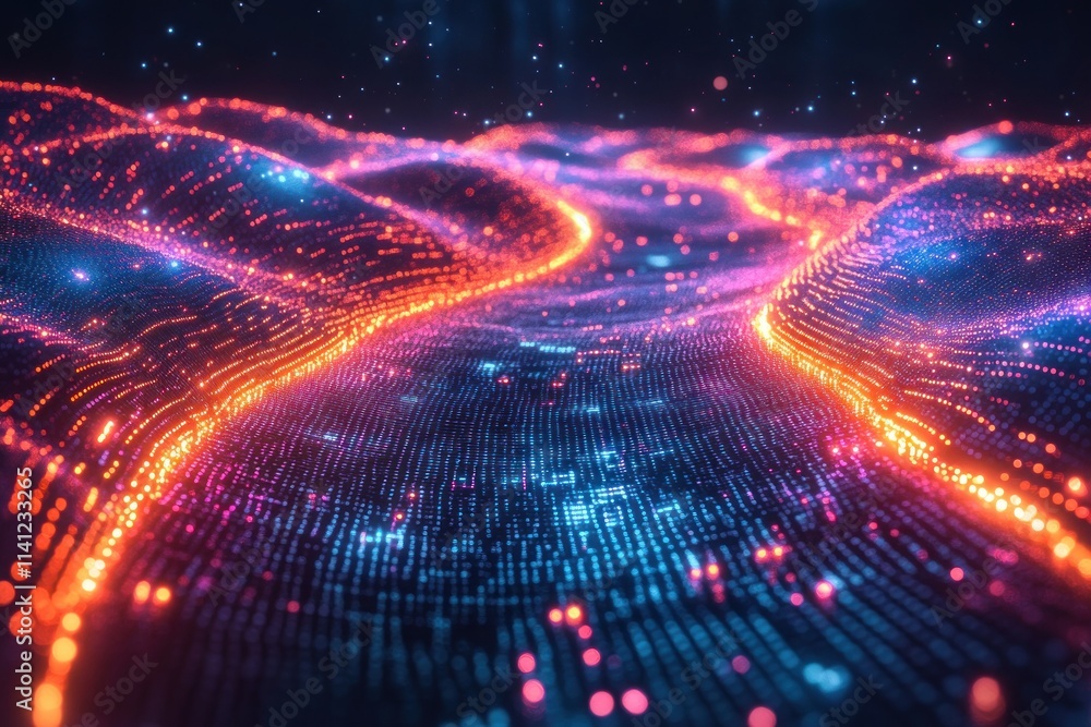 Aufkleber Futuristic Digital Landscape with Neon Lines and Binary Code in Dark Background
