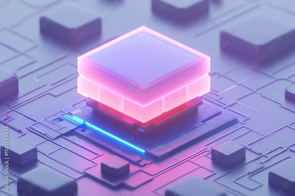 Poster futuristic abstract digital technology with neon colors illustrating a 3d cube on a circuit board ba