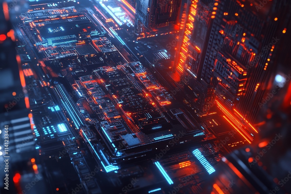 Poster futuristic abstract digital circuit design with glowing neon lines and data points, perfect for tech