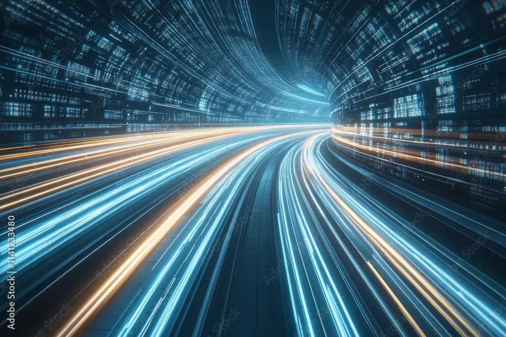 Poster futuristic abstract motion background with blue and yellow light trails in a dark environment repres