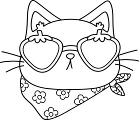 Retro Groovy Cat face wear strawberry glasses doodle outline