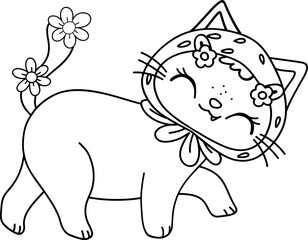 Retro Groovy Strawberry Cat walking doodle outline