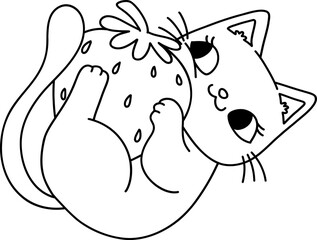 Retro Groovy Cat play with Strawberry doodle outline
