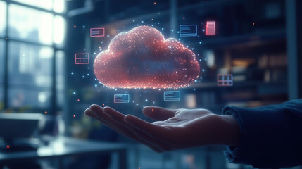 Holographic Cloud Storage Concept with Business Professional and Floating Digital Cloud