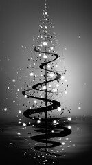 Obraz premium Black and white spiral christmas tree reflecting on water with sparkling stars and twinkling lights