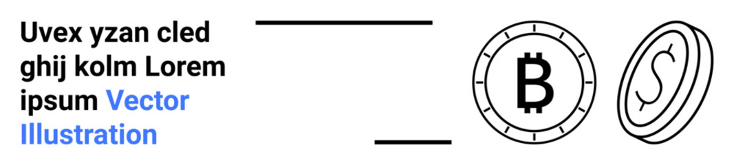 Bitcoin symbol on a coin, dollar sign on another coin, placeholder text. Ideal for financial services, cryptocurrency, banking concepts, financial technology, blockchain, digital currency