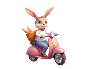 bunny on a pink scooter on transparent background