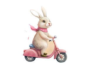 bunny on a pink scooter on transparent background