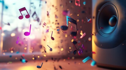 Obraz premium Colorful musical notes float near a speaker, creating a vibrant, energetic scene.