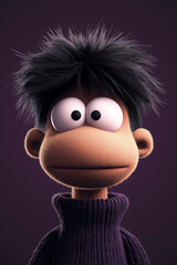 Cgi cartoon character wearing purple turtleneck sweater and staring with big eyes