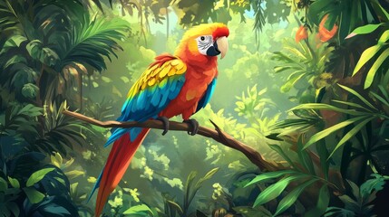 Vibrant macaw perched on a branch amidst lush tropical foliage.