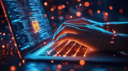 Futuristic Workspace with Technology Privacy Lock Icon on Digital Interface