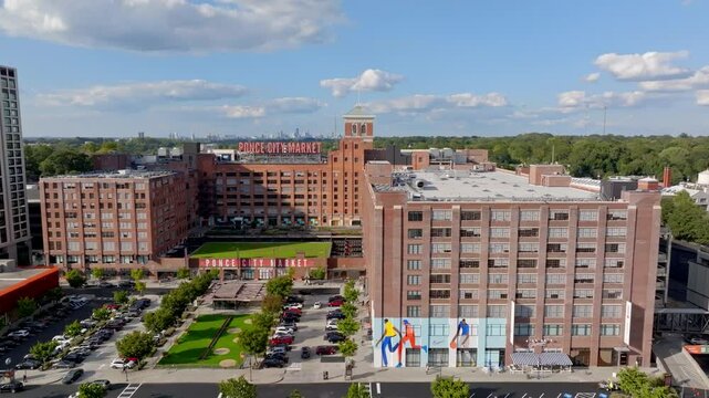 Panoramic aerial view of Ponce city market shopping mall in Atlanta neighbourhood, Georgia