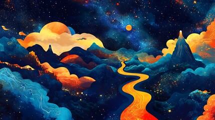 Surreal night landscape with a glowing river winding through vibrant mountains and a starry sky.