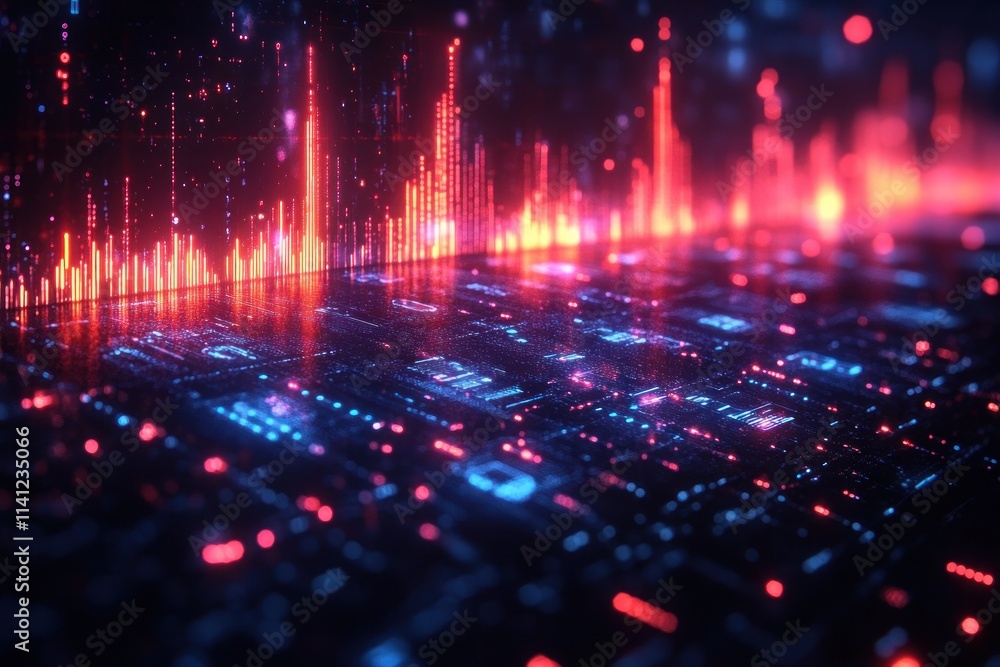 Poster futuristic finance chart with neon candlestick patterns and moving averages on dark digital backgrou