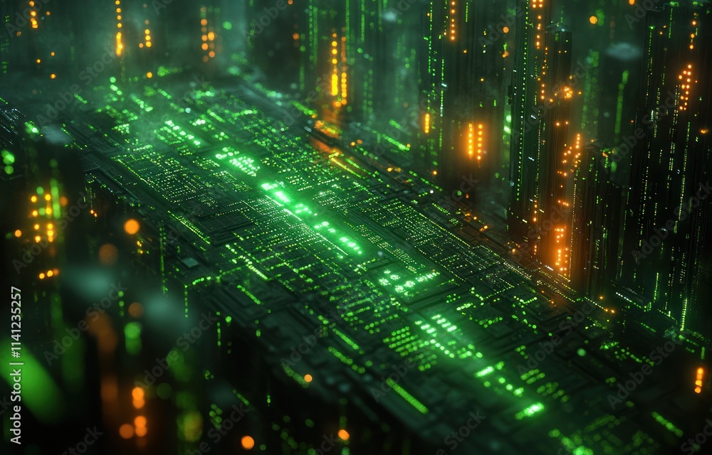 Aufkleber futuristic digital landscape with neon green binary code and glowing grids