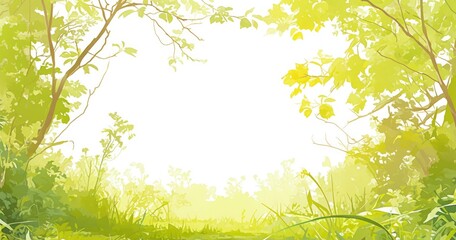 A serene forest scene with soft light filtering through green foliage.