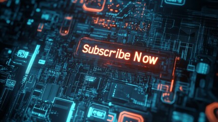 Fototapeta premium Subscribe Now! Futuristic digital button glowing on a circuit board.